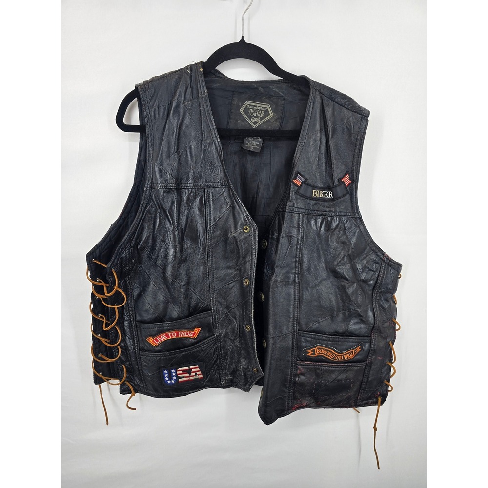 Diamond Plate Buffalo Leather Biker Vest Mens 2X‎ Black Patches Distressed USA
